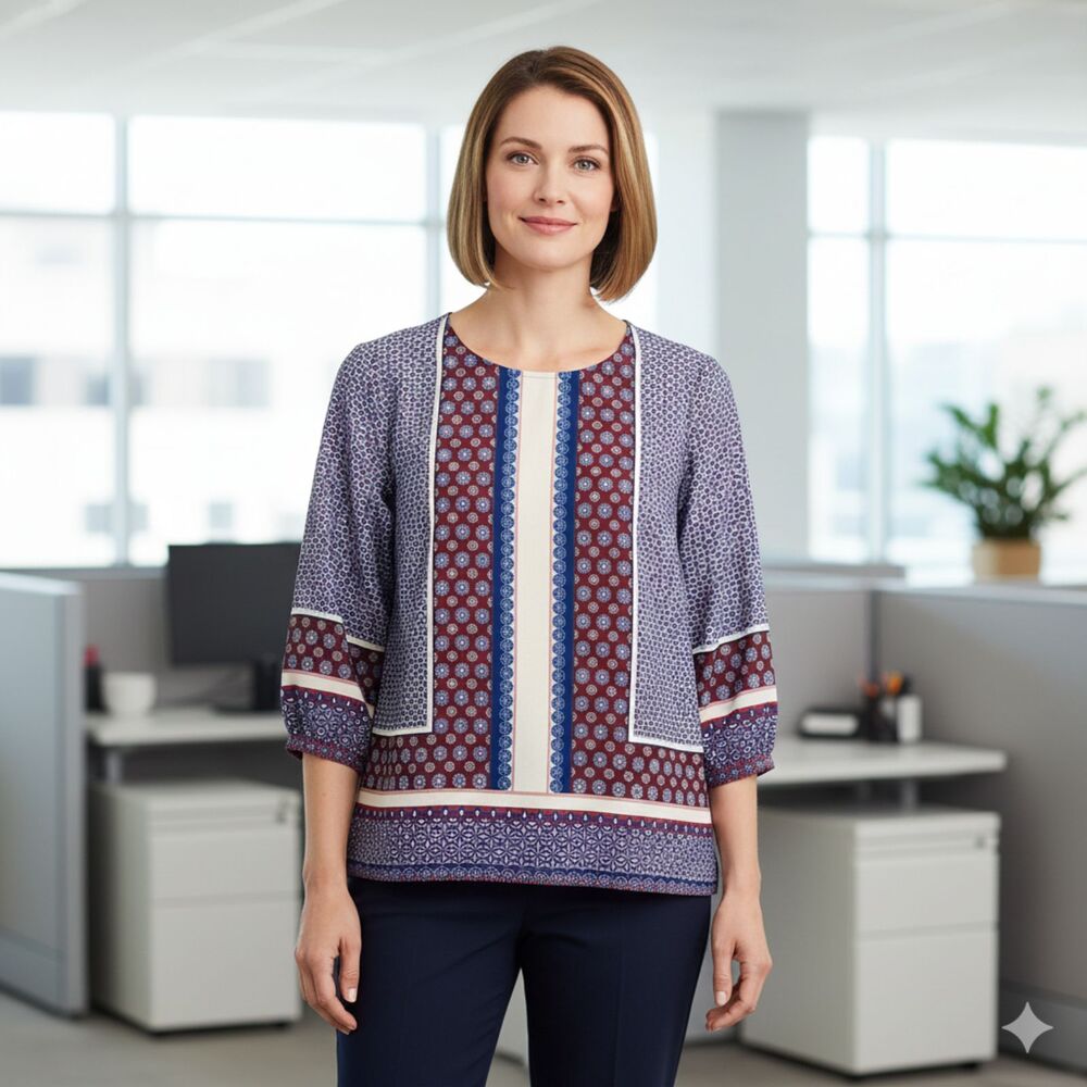 Talbots Petite Blouse PM Blue Geometric Art to Wear 3/4 Sleeve Mod Career Top - Picture 1 of 12